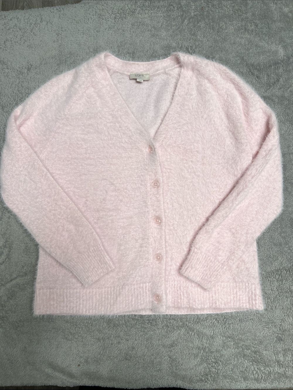 LOFT Light Pink Fuzzy V-Neck Button Cardigan